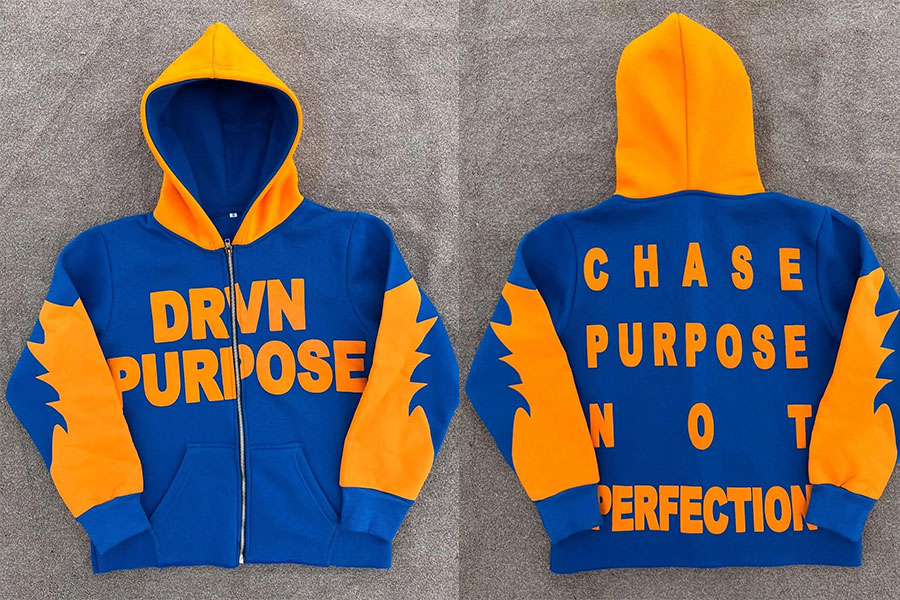 Blue and yellow puff print zip-up hoodie