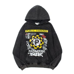 Wholesale custom screen printed washed hoodie with graffiti pattern