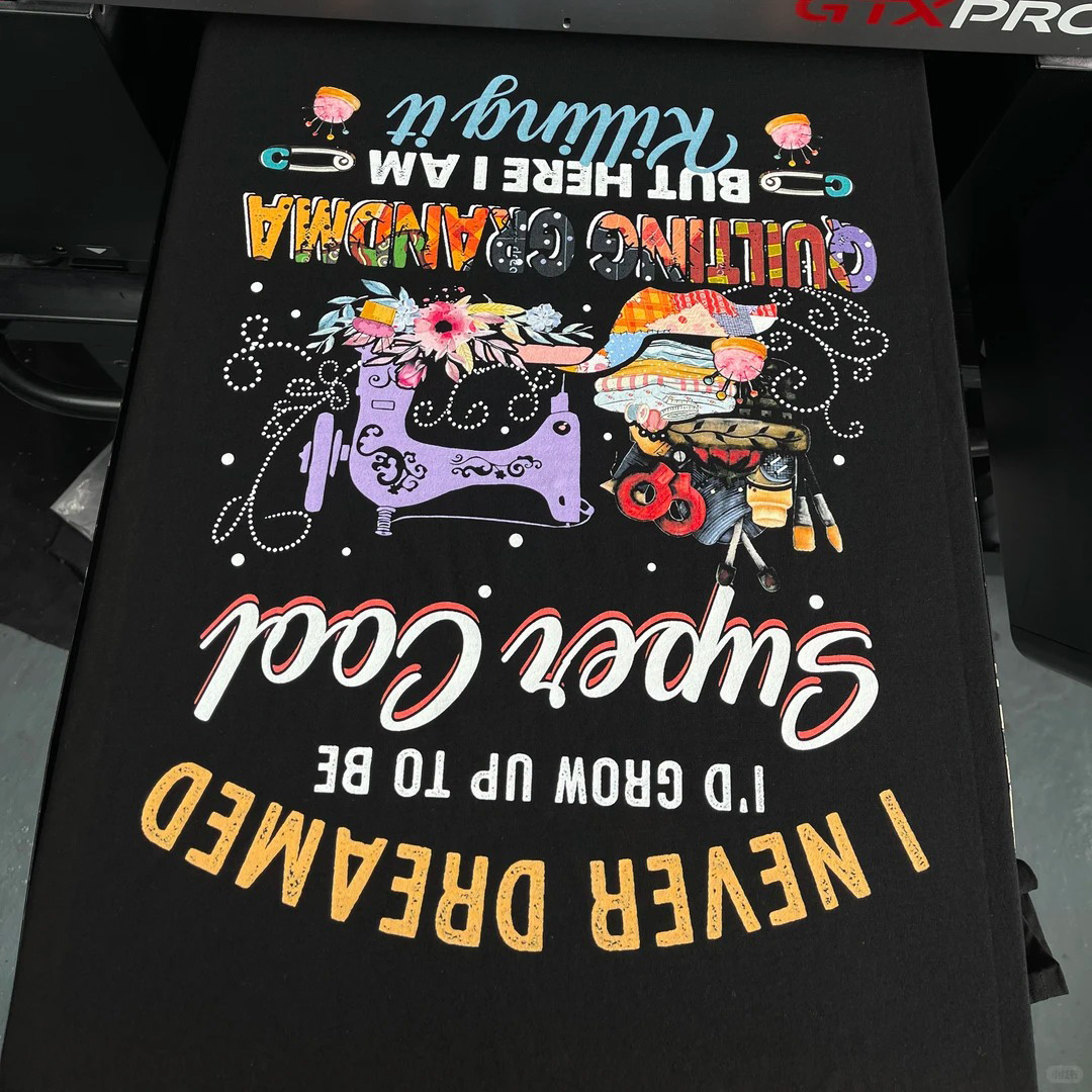 Complex patterns printed on black T-shirt fabric using digital printing