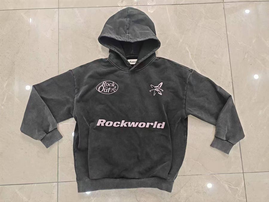 The front of a washed hoodie custom-made for a client in New York, USA.